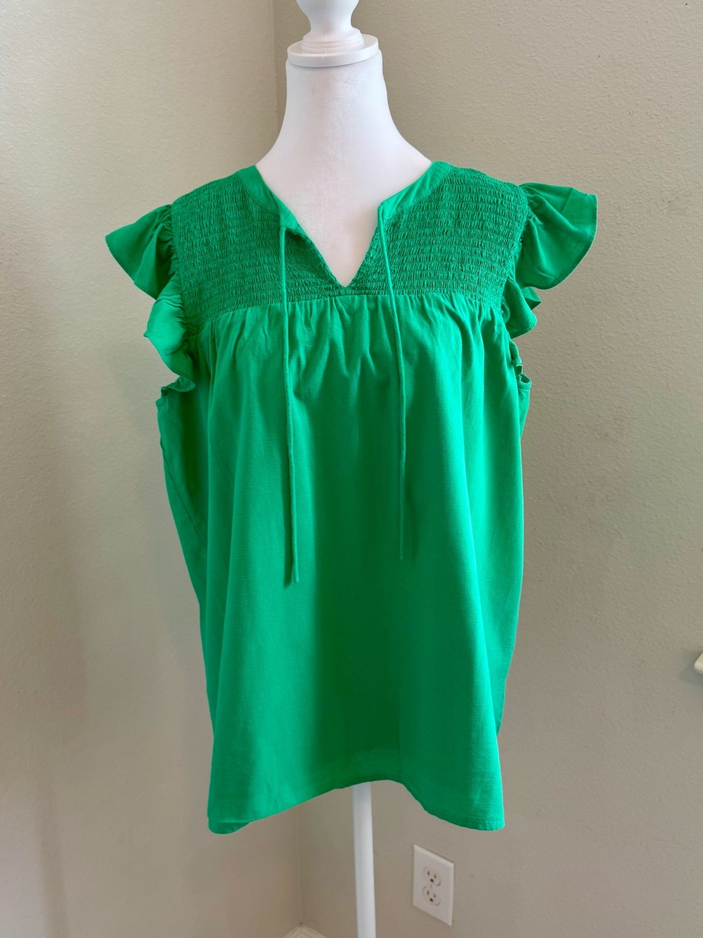 LOFT Green Smocked V-Neck Flutter Sleeve Blouse